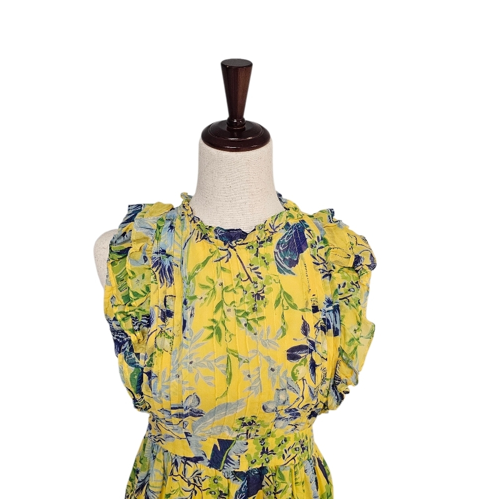 Banjanan 100% Silk Tropical Ruffle Floral Yellow Mini Dress Small Preowned - Picture 6 of 11